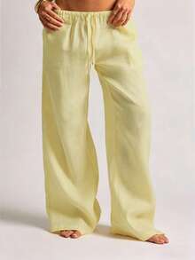 Women's Casual Comfortable Versatile Linen Loose Flowy Wide Leg Pants, Effortless Style - Light Yellow - View 3