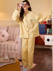 2pcs/Set Women's Pajamas Homewear, Cardigan V-Neck Fruit Letter Print With Pockets Long Sleeve Long Pants, All Season - Yellow - View 4