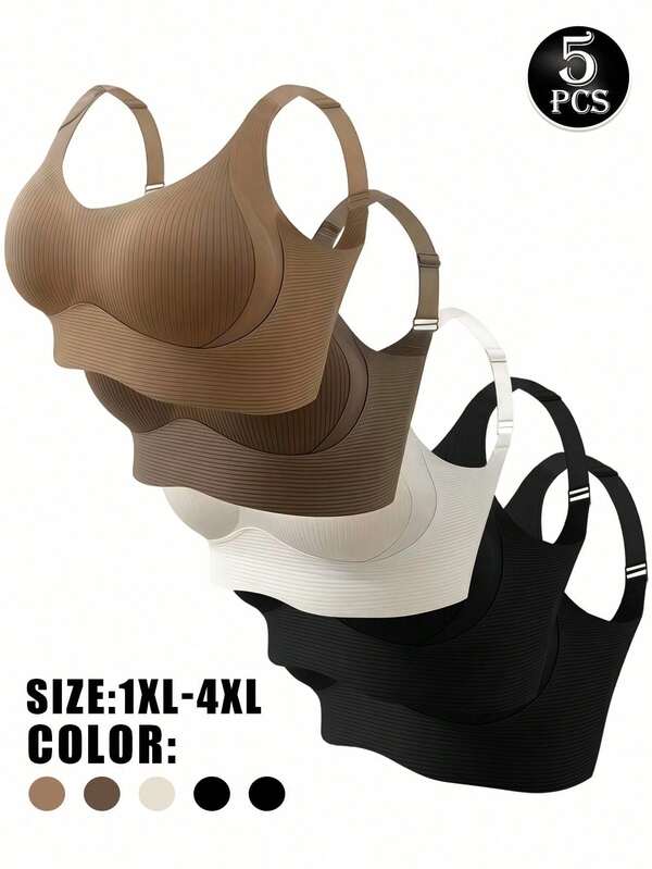 5-PCS Plus Size Bra, Seamless Breathable Wireless Sports Bra For Women - Full Coverage Design, Anti-Slip Material, With Lifting And Support Functions,