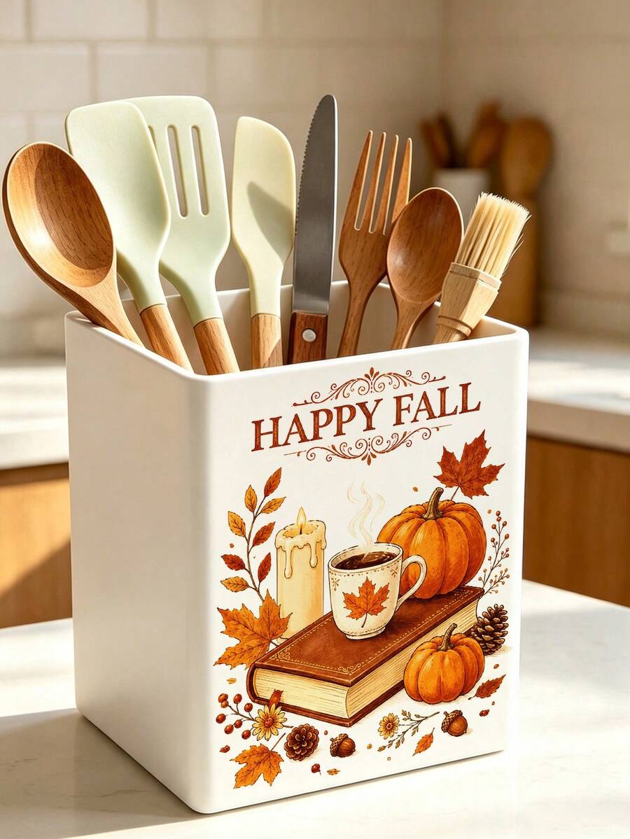 1個「HAPPY FALL」多功能收納整理盒－餐具架、桌面收納盒（適用於收納餐具、吸管、茶包、筆、遙控器），小巧省空間，適合廚房、辦公室、客廳，萬聖節禮物 - 彩色 - 查看 1