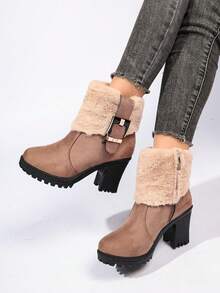 Women's Winter Thermal-Lined Ankle Boots, Brown Suede Fur Trim Buckle Chunky Heel Thick Sole Snow Boots, Side Zipper Design Commuter Versatile Women's Shoes - Apricot - View 3