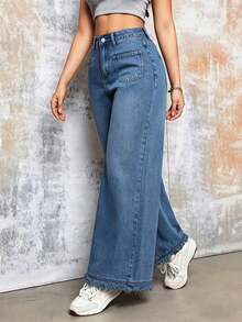 Women's Wide Leg Jeans Solid Color Washed Mid-Stretch Woven Fabric Fringed Hem Casual Fall - Light Wash - View 5