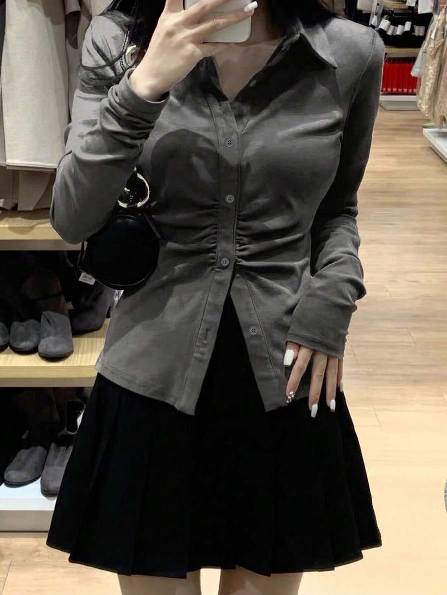 Hot Girl Street Style Ruched Petal Sleeve Blouse, Slimming Korean Fashion Chic Top For Women - Grey - View 1