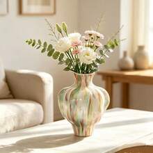 1pc Marbled Pastel Ceramic Vase Set, Irregular Ribbed Flower Vase, Modern Aesthetic Tabletop Home Decor For Living Room - Multicolor - View 6