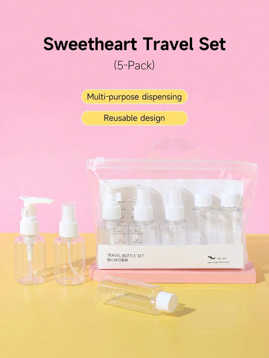 MINISO 旅行分裝瓶套組 5 件組,可重複填充便攜式盥洗液分裝瓶與噴霧瓶,適用化妝品、洗髮精、乳液 - 5件 - 查看 1