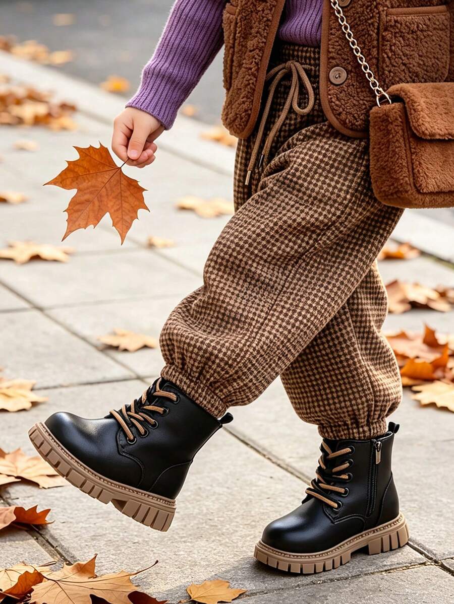 1 Pair Kids British Style Contrast Color Double Lace-Up Boots With Side Zipper, Easy To Put On And Take Off, Suitable For School, Outdoor Outings, And Autumn/Winter Wear - Black - View 1