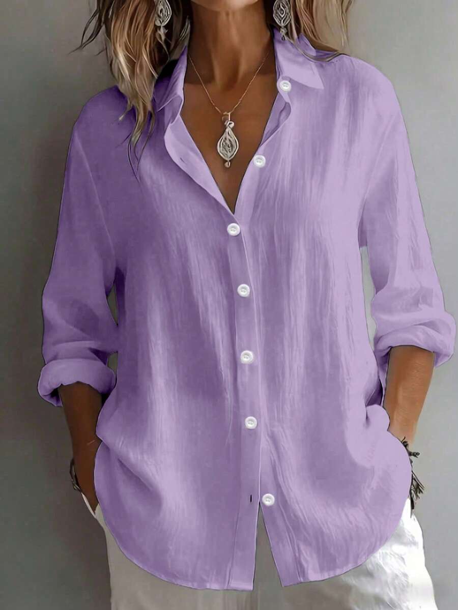 Women's Plus Size Solid Color Rolled Sleeve Long Front Button Shirt Blouse - Purple - View 1