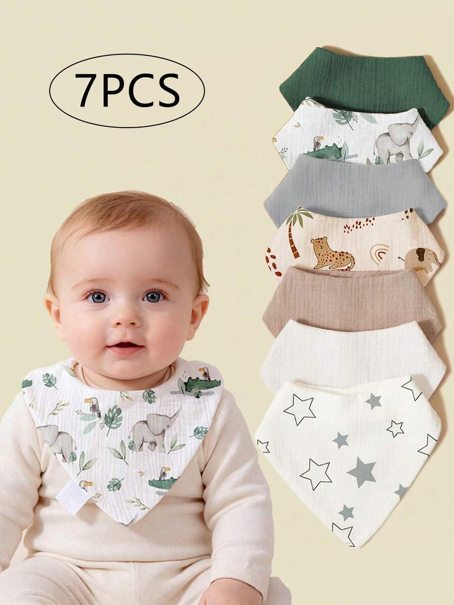 7PCS Pure Cotton Solid Color Gauze Soft Breathable Baby Bibs Triangle Bandanas Drool Cloths, Bibs, Bibs, Suitable For Neutral Newborn Girls And Boys Drooling And Teething, Newborn Essentials - Multicolor - View 1