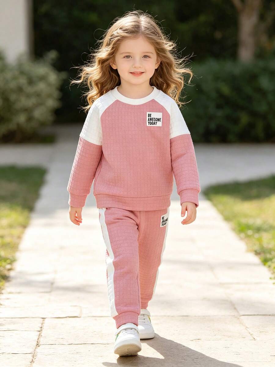 Girls Cute Long Sleeve Sweatshirt And Sweatpants 2 Pieces Set - Perfect For Spring And Autumn - Pink - View 1