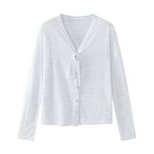 Women's Elegant Casual Striped V-Neck Cardigan Jacket, Autumn Sun Protection Top - Blue - View 8