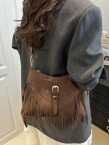 2026 New Suede Fringe Tote Handbag For Women, Chic Square Clasp Shoulder Bag, Crossbody Bag - Coffee - View 4