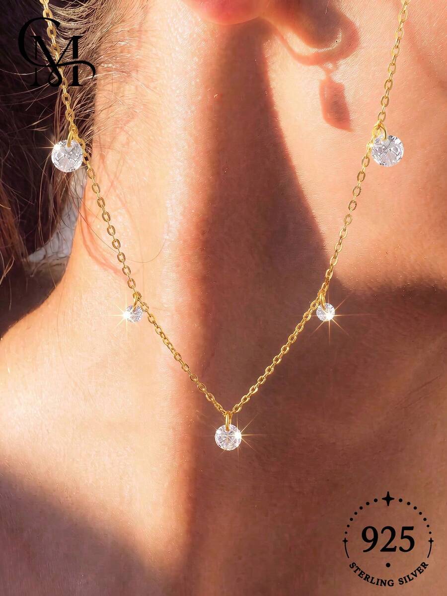 1pc Fashion Pure Silver Round Diamond Pendant Necklace, Suitable For Women's Daily Wear And Matching Accessories - Round Diamond Tassel Necklace - View 1