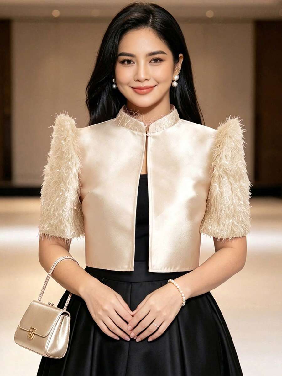 現代菲律賓風蝴蝶袖優雅立領拼接極簡純色上衣 - 香檳色 - 查看 1