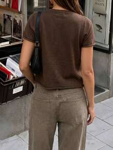 Women's New Bright Red Short Sleeve Round Neck Single-Breasted Fitted Knit Sweater - Dark Brown - View 10