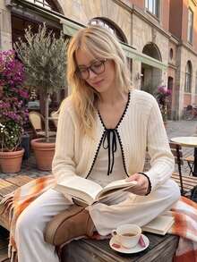 Gentle Style Lace-Up Outerwear, Full-Body Vertical Striped Cable Cable Contrast Color Wavy Hem, Versatile Short Knit Top, Suitable For Daily Commute, Date, Afternoon Tea - Apricot - View 6
