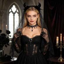 2pcs/Set Halloween Party Black Devil Horn Mesh Headband Dark Lace Veil Headband Gothic Bride Party Cosplay Costume Accessory Stage Performance Headpiece - Multicolor - View 6