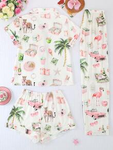 Plus Size 3-Piece Pajama Set For Women, Cool Short Sleeve, Plus Size Sleepwear Set, Plus Size Body, 3-Piece Set, Shorts And Long Pants, Lapel Button Short Sleeve, All Season Wear, Plus Size, Home Wear, Comfortable And Loose, Coconut Tree Tiger Flamingo Vacation Style Print - White - View 2