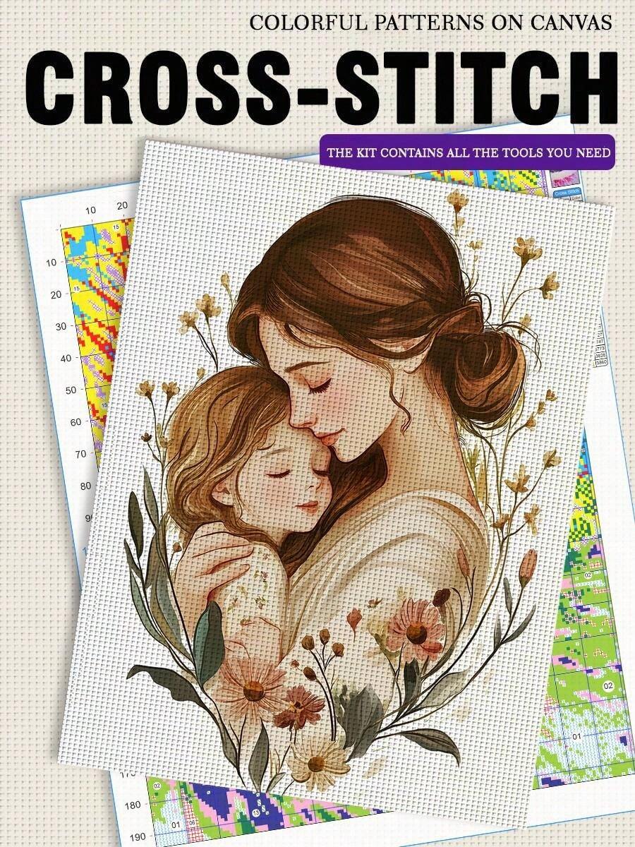 11/14/16CT Printed Cross Stitch Kit. A Close Mother And Son. Relaxing DIY For Adult Beginners. Includes Cloth, Needles, Threads & Chart. Handmade Wall Art Decor Gift. 30x40cm/11.8x15.7in.