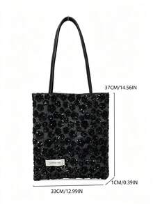 Tas Tote Gaya Korea Berkilau dengan Payet Hitam & Perak, Desain Niche, Gaya INS, Kapasitas Besar, Bahan Beludru, Cocok untuk Perjalanan, Jalan-jalan, Belanja Sehari-hari, Tas Tote Bahu Santai - Hitam - View 7