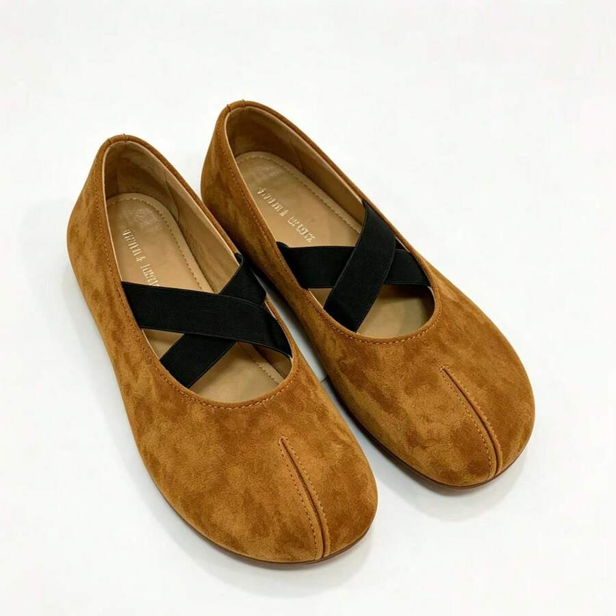 女款純色休閒復古交叉帶瑪麗珍鞋,法式復古風,居家穿著,秋冬款 - 駝色 - 查看 1