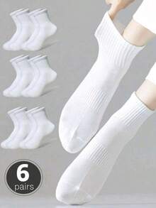 6 Pairs Women's White Mid-Calf Socks, Breathable & Sweat-Absorbent, Comfortable Sports Multi-Function White Socks, Best Autumn Socks, Solid Color Casual Minimalist - White - View 1