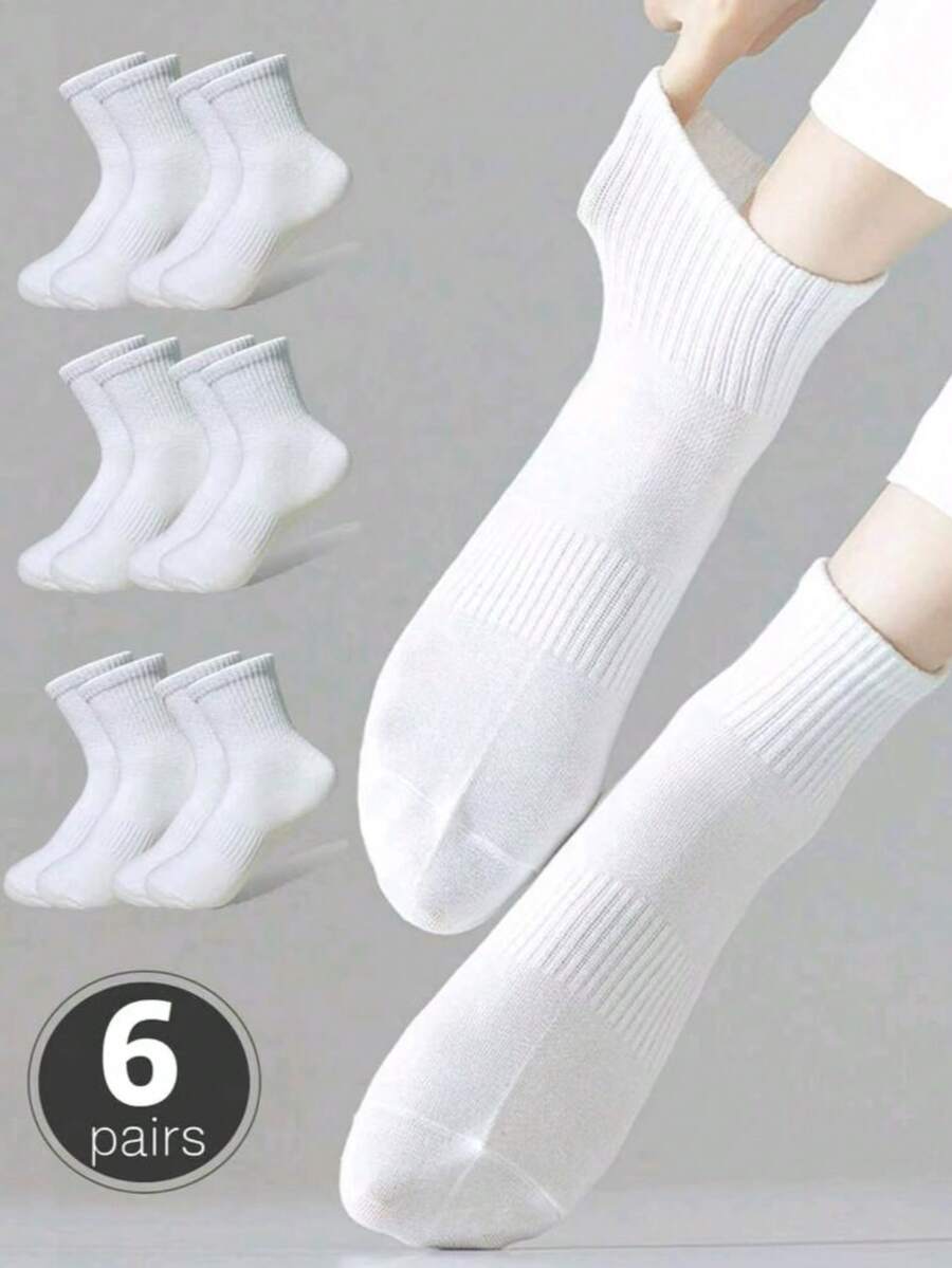 6 Pairs Women's White Mid-Calf Socks, Breathable & Sweat-Absorbent, Comfortable Sports Multi-Function White Socks, Best Autumn Socks, Solid Color Casual Minimalist - White - View 1