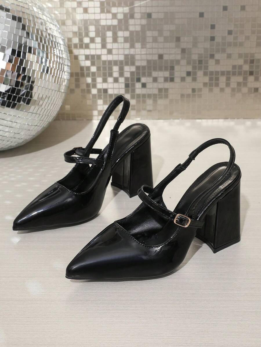 1 Pair Women's Pointed Toe Single Strap Back Strap Chunky Heel Mary Jane Pumps, Suitable For Commuting, Dating, Evening Events, Business Office - Black - View 1