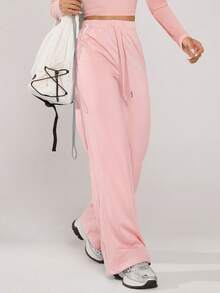 Women's Fall Winter Pink Loose Straight Leg Pants With Pockets Solid Casual Pants For Daily Date Wear - Pink - View 4