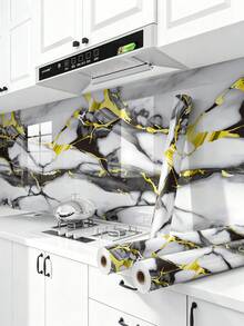 1件裝仿大理石紋自黏式廚房防油貼紙，耐熱防污自黏牆貼，適用於爐灶、櫥櫃、磁磚翻新廚房貼紙 - 黑金 - 查看 4
