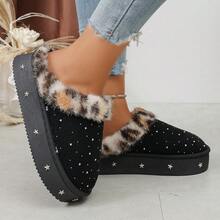 Leopard Print Faux Fur Trim Closed Toe Slippers For Women, Autumn/Winter Outdoor Wear, Starry Rhinestone Thick Sole Thermal Lined Warm Slippers - Black - View 4
