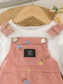 2pcs Set Baju Terusan Bayi Perempuan Lucu Lengan Panjang Bergaris dan Gaun Terusan Korduroi Bordir, Ringan untuk Musim Semi dan Gugur - Putih - View 4