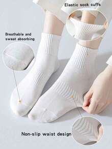6 Pairs Women's White Mid-Calf Breathable Sweat-Absorbing Pure Cotton Socks, Comfortable Versatile White Socks, Best Autumn Solid Color Casual Minimalist Socks - White - View 3
