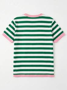 條紋印花 Cocktail Club 時尚上衣，夏季女款，海灘女款，女款休閒圓領短袖簡約 T-shirt，度假風 - 軍綠色 - 查看 4