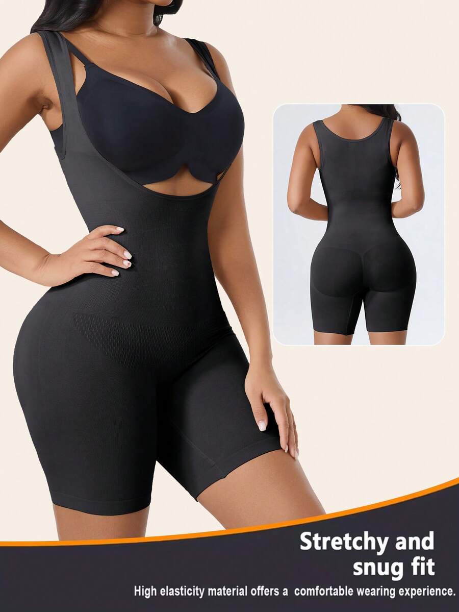 CELILIN 1pc Women's Seamless Body Shaper Jumpsuit, Open Bust Tummy Control Shaping, Wide Strap Butt Lift - Black - View 1
