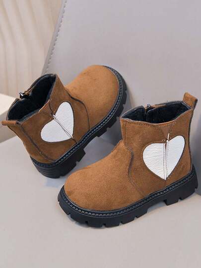 Korean Style Heart Decor Winter Boots For Kids, Thermal Lined Warm Ankle Boots, Anti-Slip Thick Sole Versatile Boots