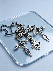 Gothic Vintage Carved Cross & Bat Metal Keychain, Unique Bat Lobster Clasp Bag Charm Pendant, Y2K Street Fashion Accessory, Unisex Gift - Multicolor - View 7
