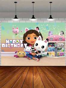 MASSDI Gabby Dollhouse Birthday Backdrop, 6 Happy Birthday Banners, Pink And Purple Theme Photo Background, 2 Sizes Available: 95*75, 100*150, Suitable For Birthday Party, Baptism Celebration - Background Cloth - View 18