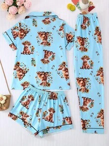 Plus Size 3-Piece Pajama Set For Women, Cool Short Sleeve, Plus Size Sleepwear Set, Plus Size Body, 3-Piece Set, Shorts And Long Pants, Lapel Button Short Sleeve, All Season Wear, Plus Size, Home Wear, Comfortable And Loose, Animal Highland Cow And Sunflower Print - Baby Blue - View 2