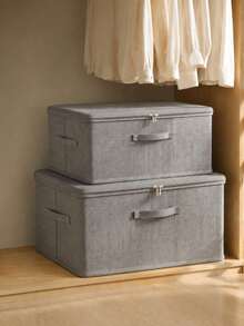 Foldable Linen Texture Fabric Storage Box With Zipper Lid, Dustproof Collapsible Clothes Organizer Bin With Reinforced Handle, Stackable Closet Storage Container For Garments, Bedding & Household Sundries - Grey - View 6