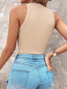 ChicMe Built-In Bra Sleeveless Ribbed Knit Tank Top Slim Fit Round Neck Basic Top - Apricot - View 3