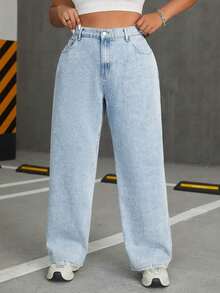 Light Color Plus Size Straight Leg Wide Leg Women's Jeans, Solid Color Denim Fabric Pocket Straight Leg Wide Leg Jeans, Holiday Campus Home All Seasons - Light Blue - View 4