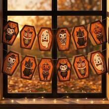 2pcs Halloween Vintage Theme Coffin Bunting, Black Cat, Owl, Pumpkin Head, Ghost, Skeleton Pattern, Suitable For Halloween Party Decoration, Wall Decor, Fireplace Decor, Halloween Party Gifts - A - View 3