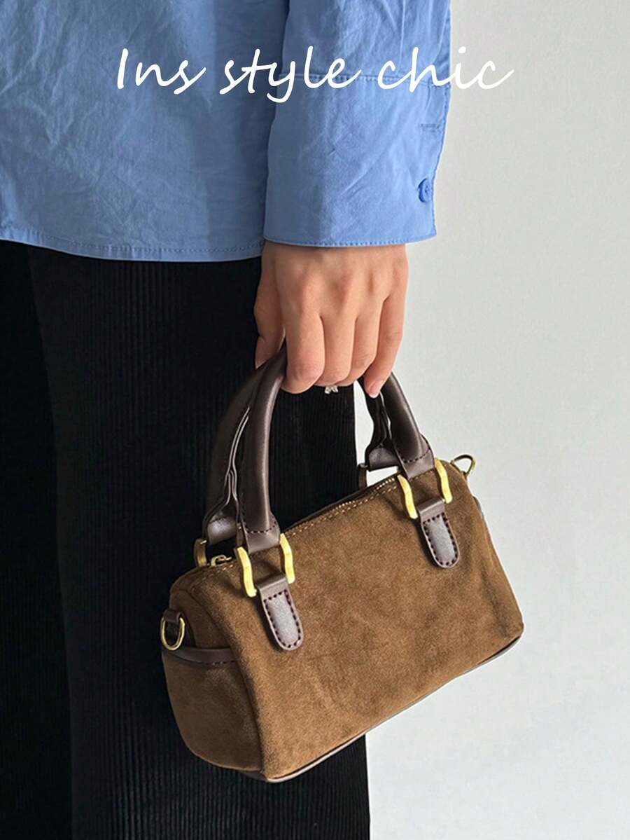 Vintage Metal Buckle Decor, Zipper Closure, Suitable For Daily Commute, Shopping, Dating, Short Trips, Social Events, Multi-Use Cylinder Small Bag, Crossbody, Shoulder, Handbag - Brown - View 1