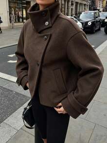 Seelio Autumn/Winter New Women's European And American Style Fashion Minimalist Versatile Stand Collar Overcoat - Brown - View 2
