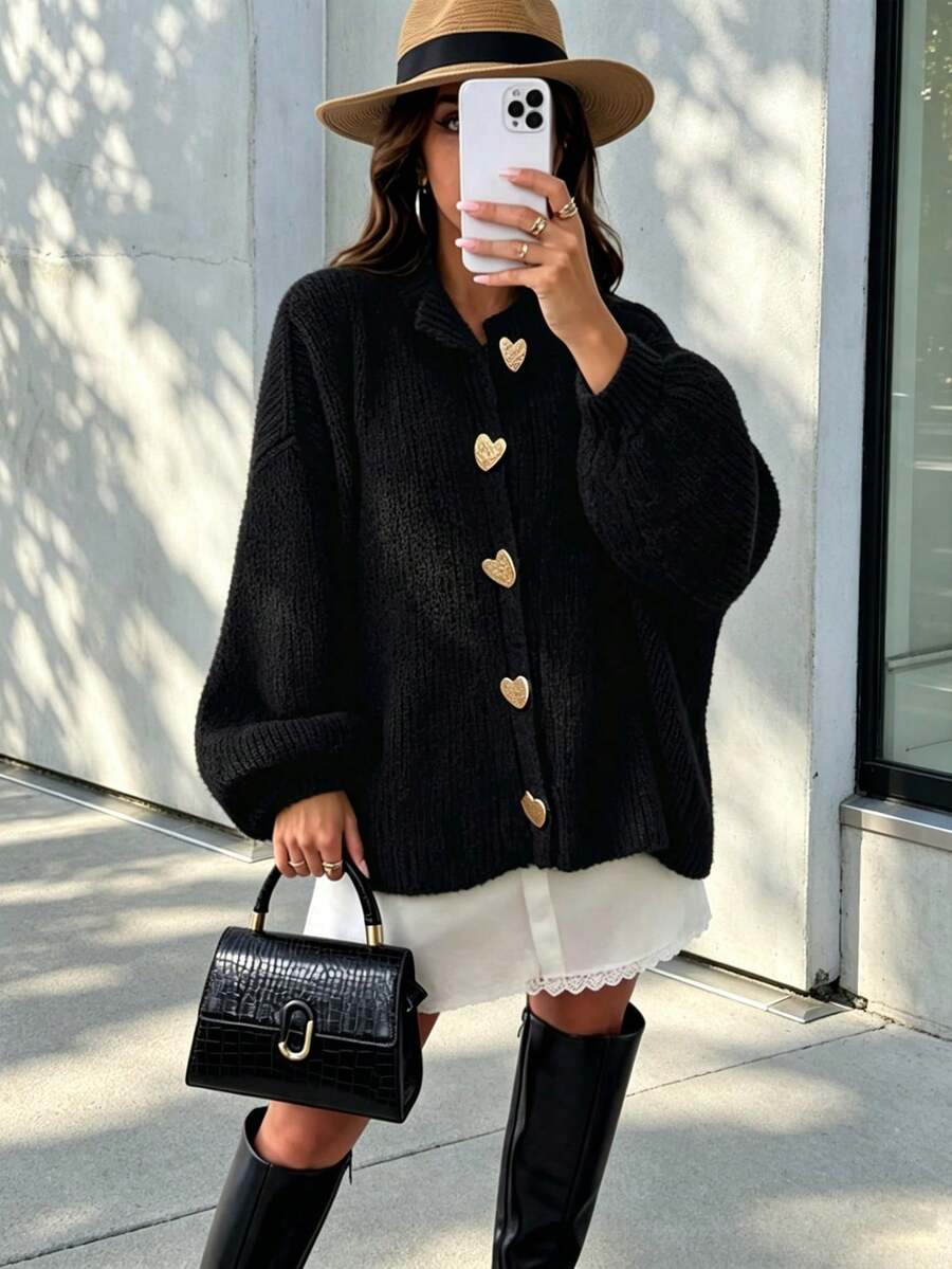 Plus Size Autumn/Winter Casual Solid Color Cardigan, Fashion Minimalist Business Casual Commute Elegant - Black - View 1