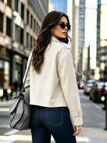 Women's Solid Double Breasted Trench Coat, Collared Long Sleeve Short Jacket For Fashion Daily, Casual, Commute, Spring Fall Winter Essential - Apricot - View 5