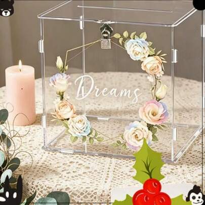 1 pieza Caja de tarjetas transparente con cierre, ventana y diseño de texto, adecuada para tarjetas de regalo de recepción de boda, eventos con tema bohemio, fiestas de cumpleaños y caja de sobres de efectivo para baby shower