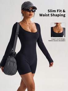 European And American Sexy Bodycon Design Black Square Neck Long-Sleeve Seamless Tummy Control Sports Jumpsuit Fall - Black - View 1