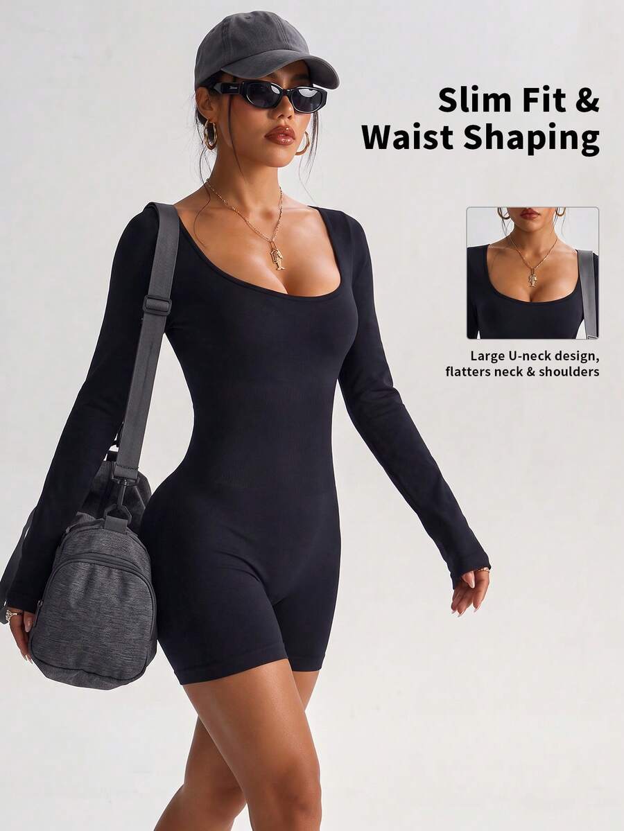 European And American Sexy Bodycon Design Black Square Neck Long-Sleeve Seamless Tummy Control Sports Jumpsuit Fall - Black - View 1