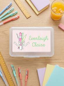 1pc Custom Text Transparent Pencil Box, Personalized Stationery Organizer, Cute Gingham Striped Pattern Hard Plastic Pencil Case, Back To School Supplies - Multicolor - View 12